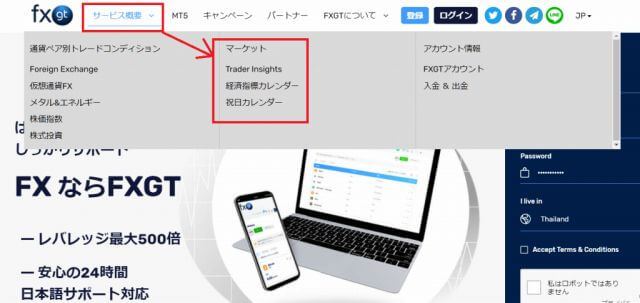 FXGTのマーケット情報ツールへのアクセス方法 FXGTのトップページから、サービス概要→マーケットとたどる